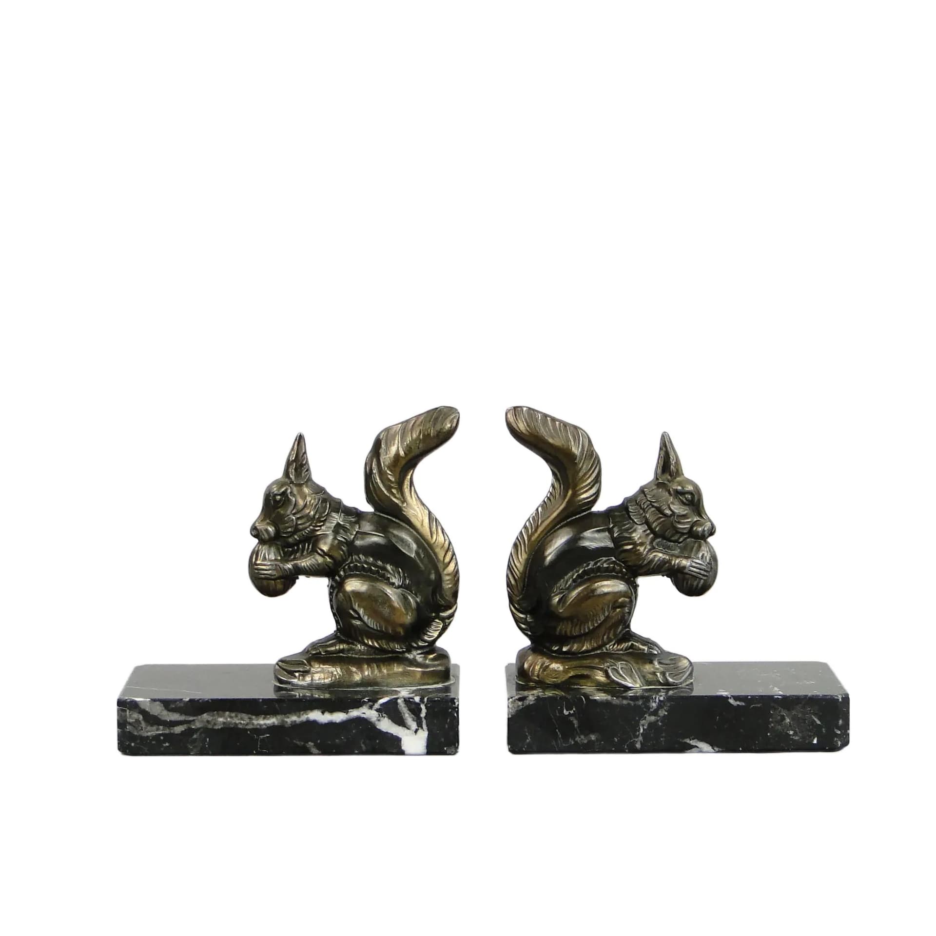 Para podpórek do książek Art déco, metal brązowy, marmur czarny, Anglia, lata 40.