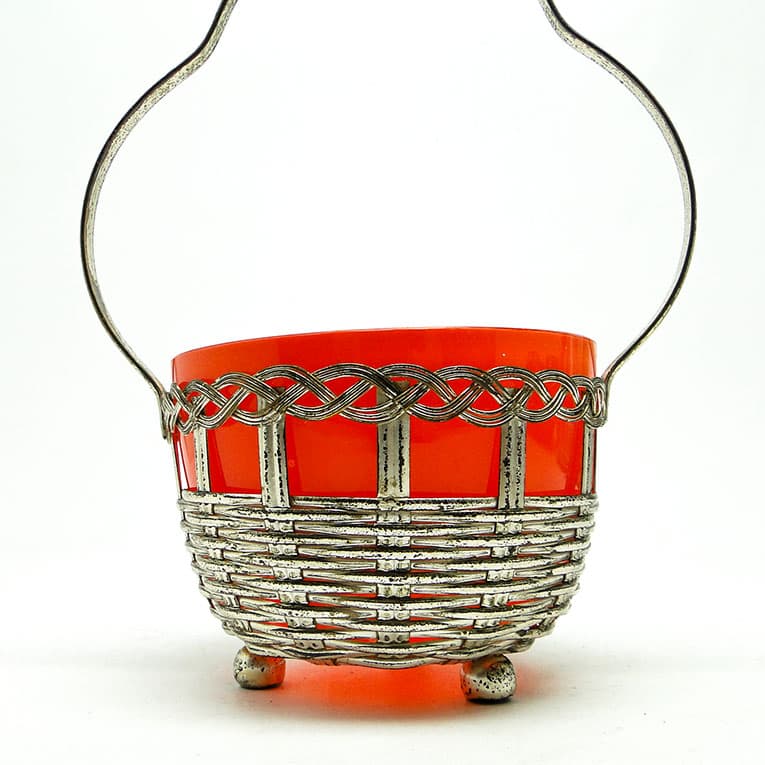 Cukiernica koszyczkowa, Art Nouveau, szkło pomarańczowe, mosiądz srebrzony, Niemcy, początek XX w. - 188655