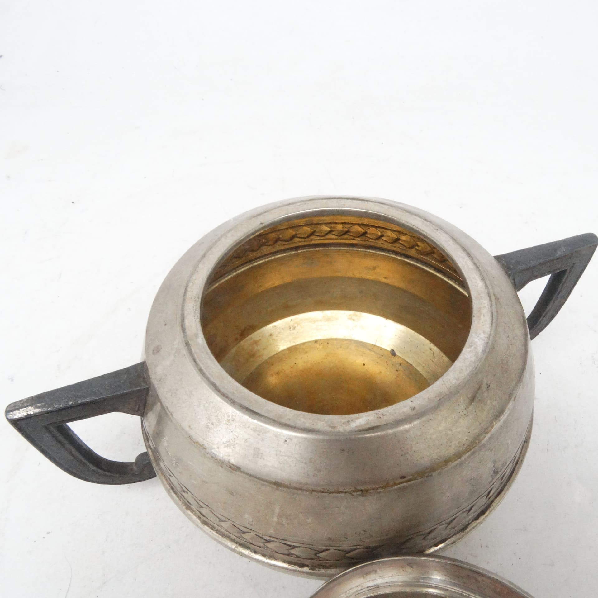 Cukiernica Art Deco, mosiądz srebrzony, cyna, Belgia, lata 20. - 188865