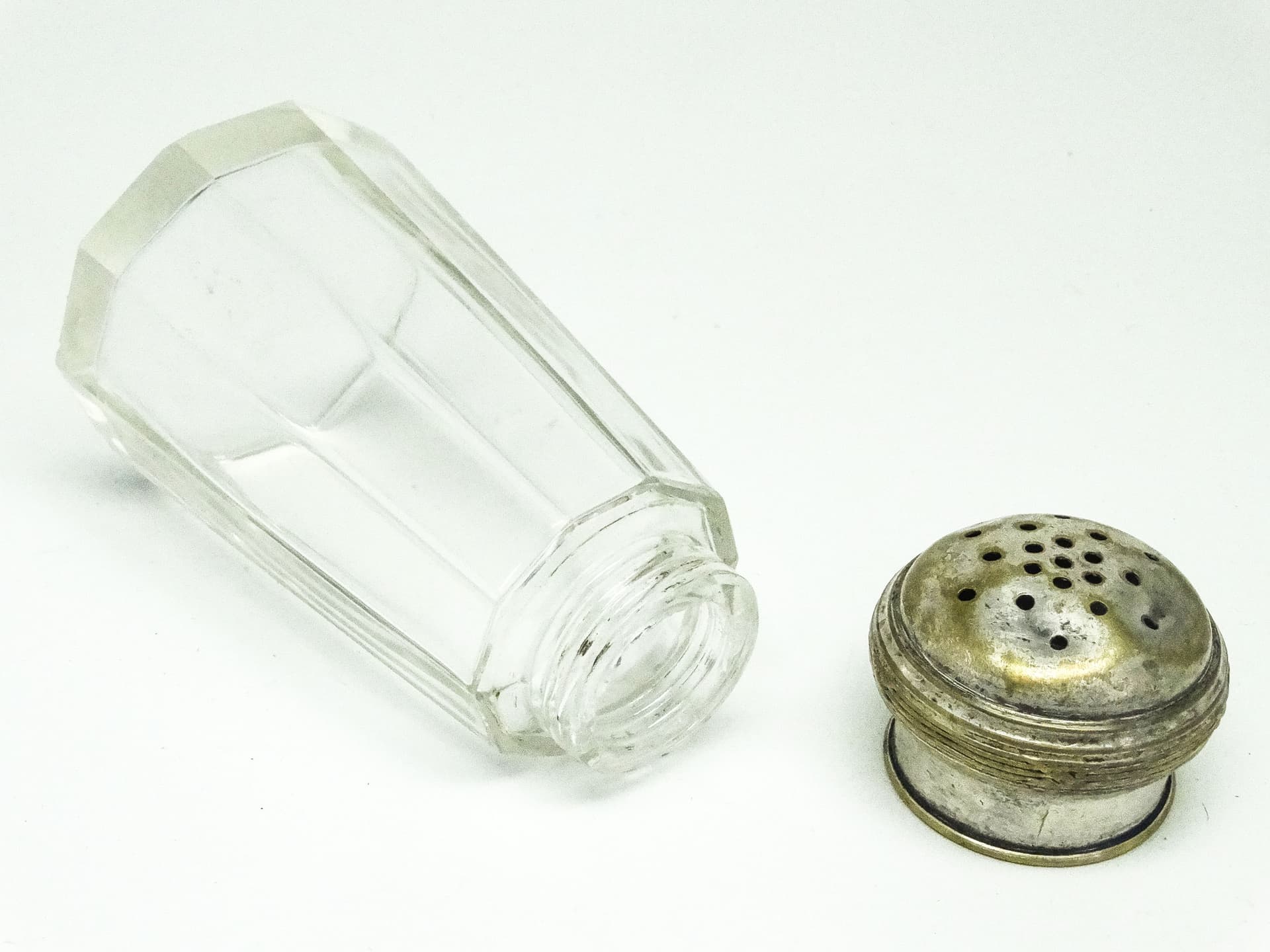 Cukiernica do cukru pudru Art Deco, szkło transparent, mosiądz srebrzony, Belgia, lata 30. - 189088