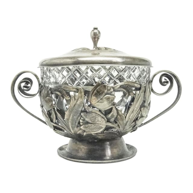 Cukiernica Art Nouveau, mosiądz srebrzony, Polska, lata 20. - WYMIARY