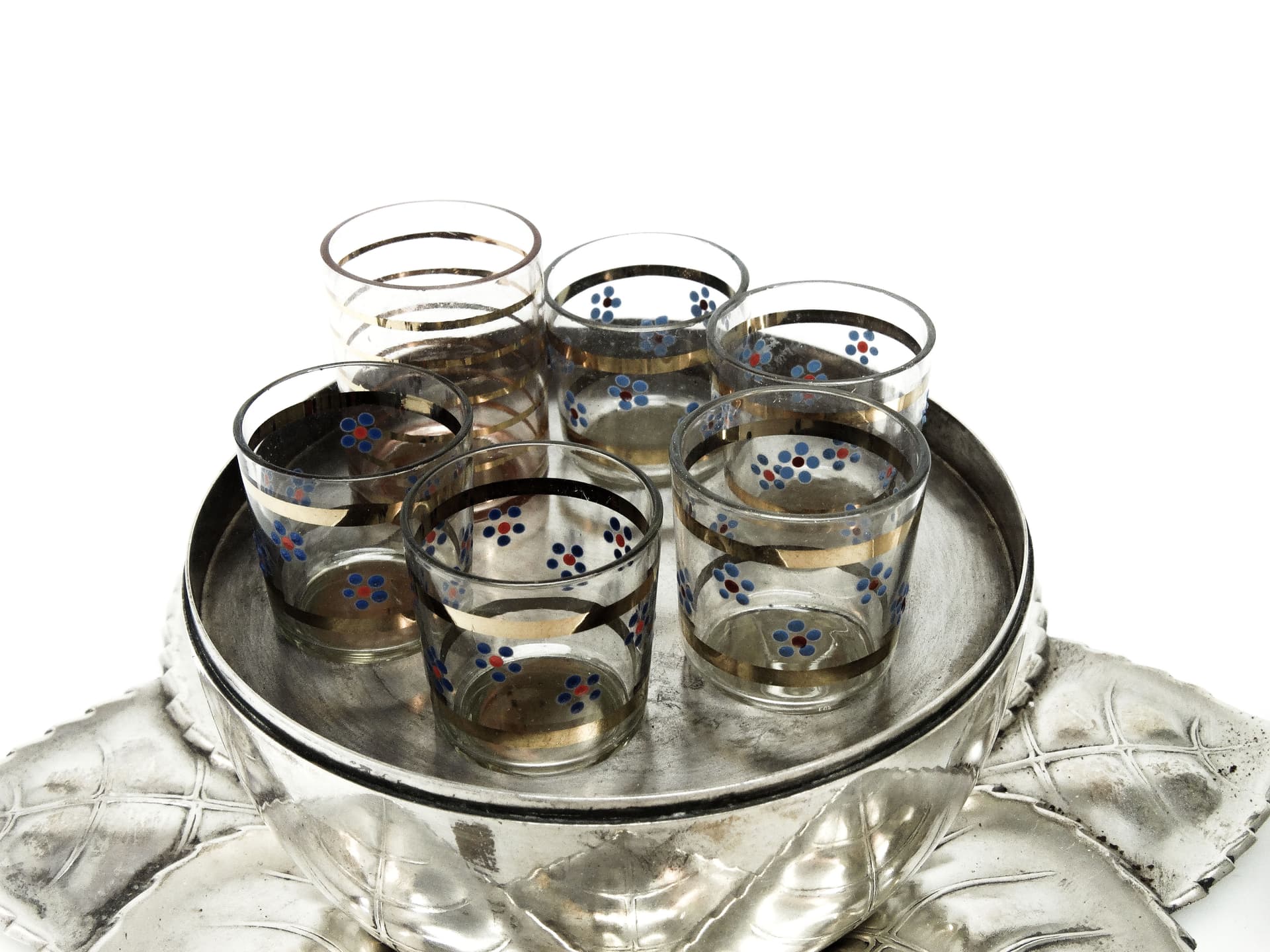 Kabaret na kieliszki do wódki Art Deco, mosiądz srebrzony, Polska, lata 30. - 189703