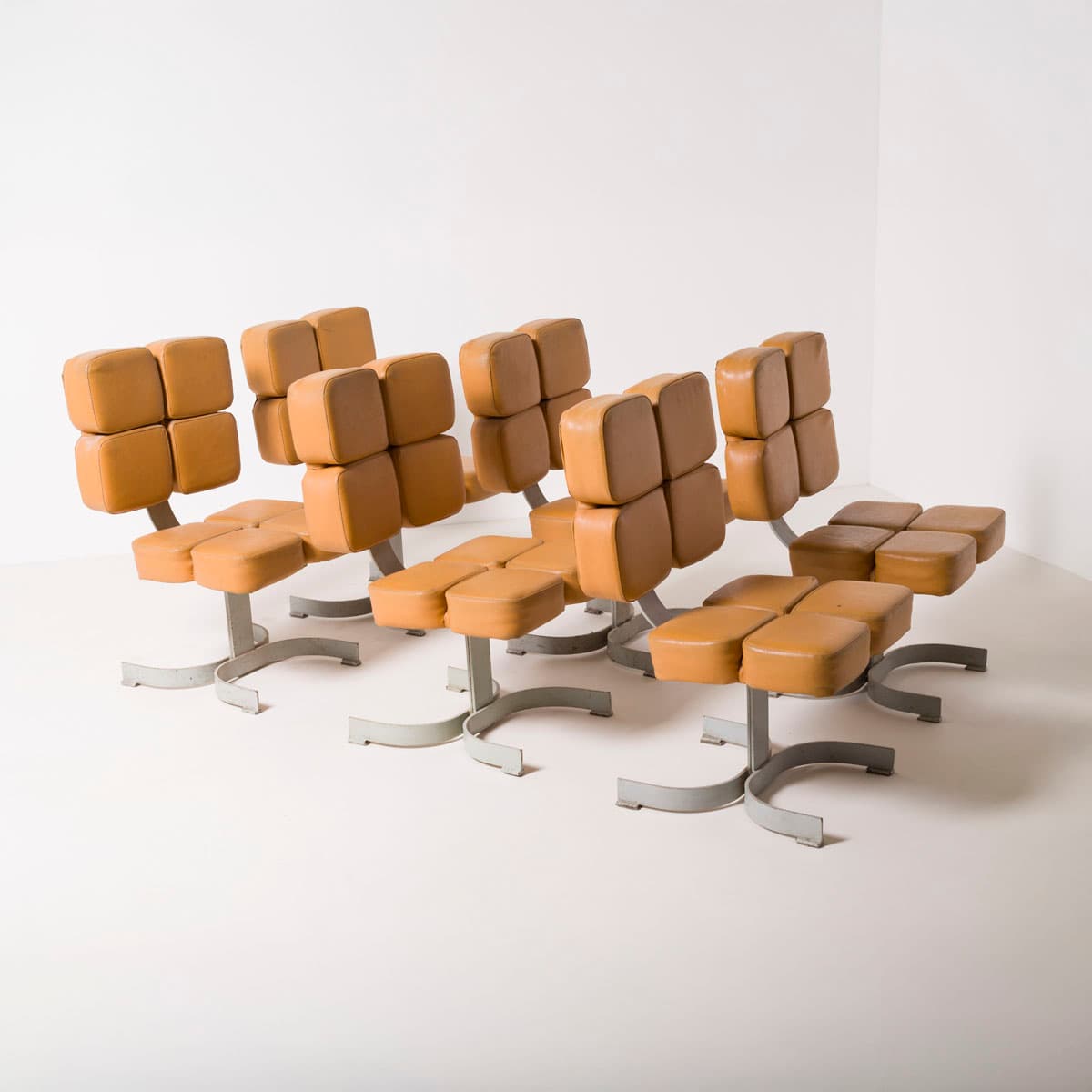 Armchair Brutalist, light brown artificial leather, silver steel, Czech Republic, 1970s. - 189970