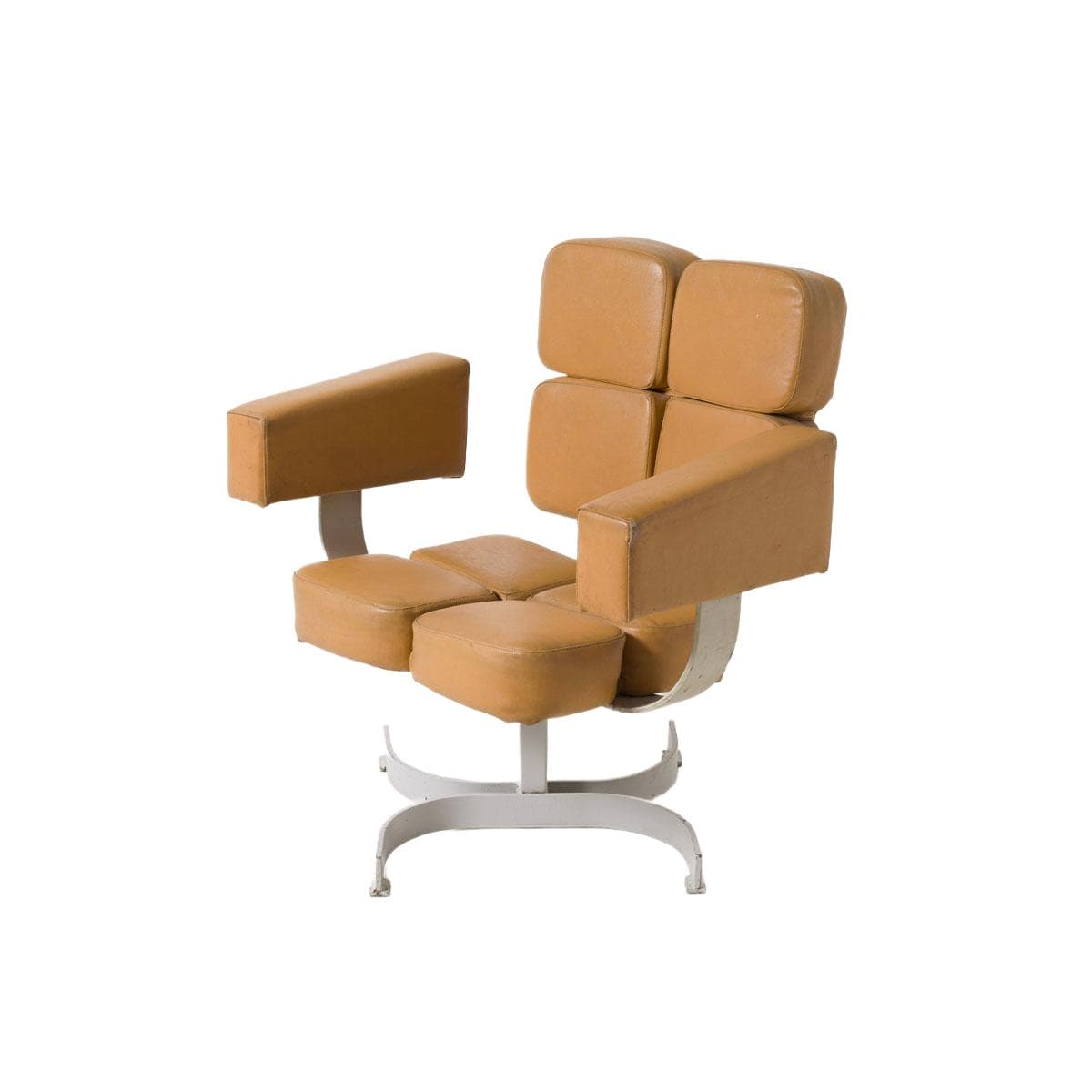 Fotel obrotowy brutalistyczny, sztuczna skóra brązowy, stal beżowy, Czechosłowacja, lata 70. - 190910