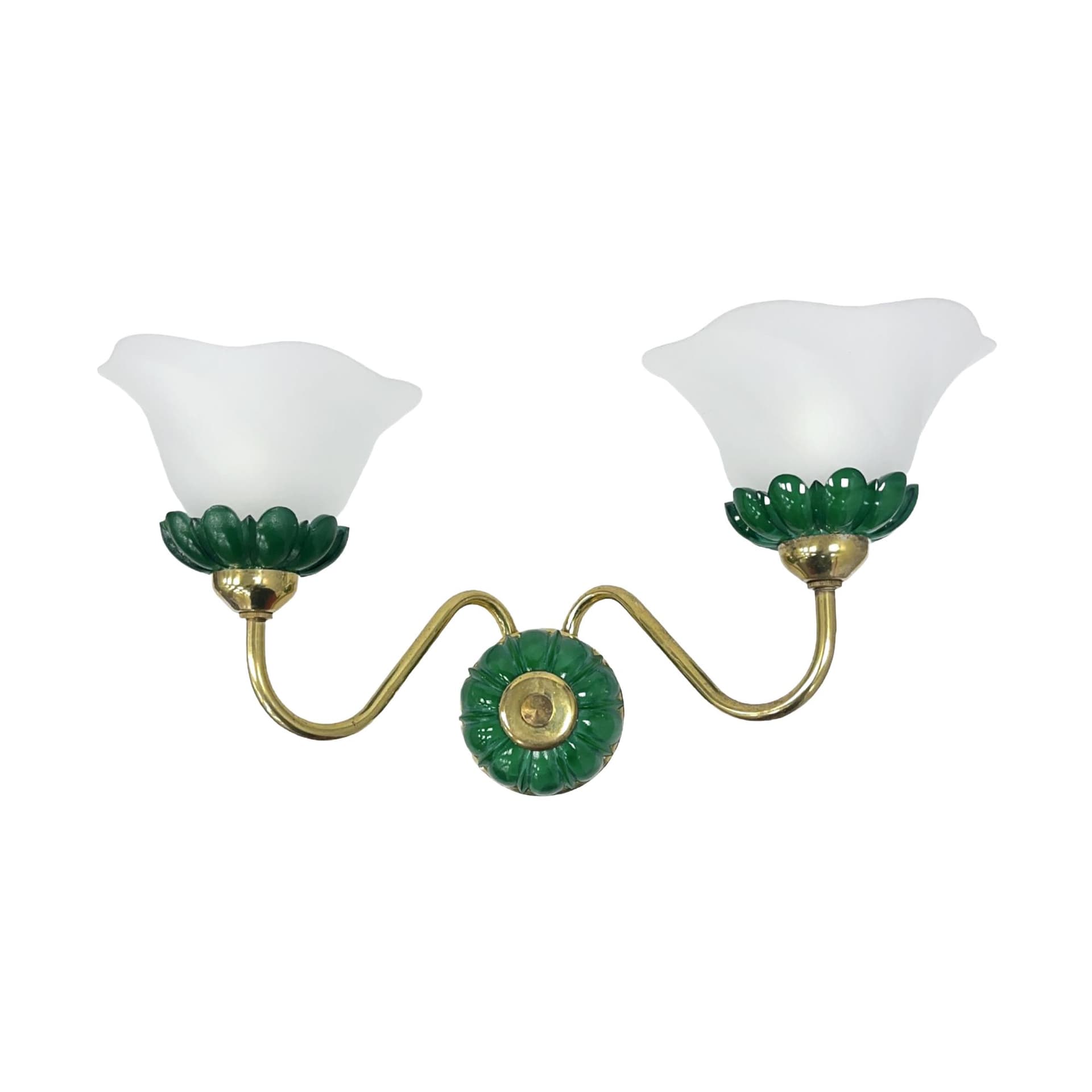 Kinkiet ścienny podwójny, PRECIOSA, mosiądz złoty, szkło białe, szkło zielone, Czechosłowacja, lata 80.