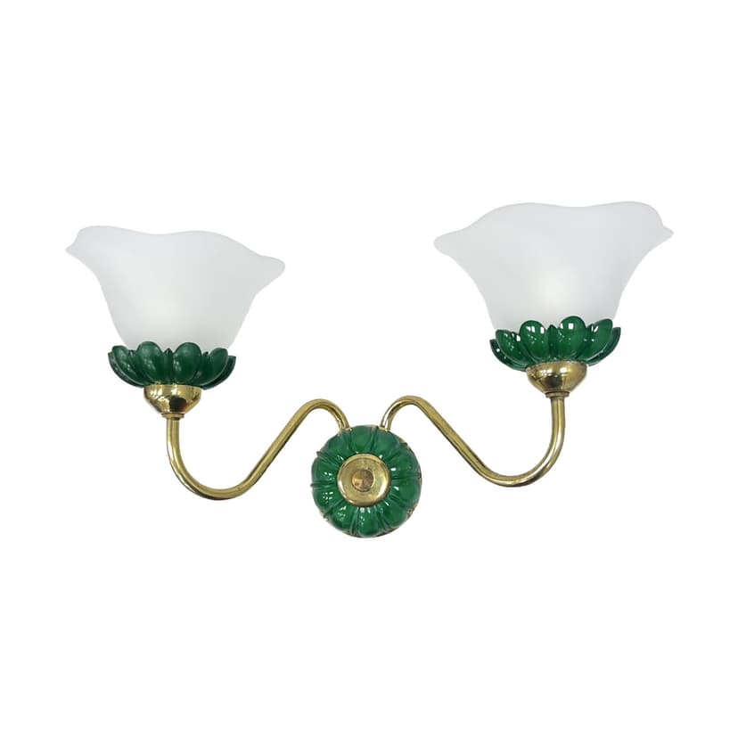 Kinkiet ścienny podwójny, PRECIOSA, mosiądz złoty, szkło białe, szkło zielone, Czechosłowacja, lata 80.