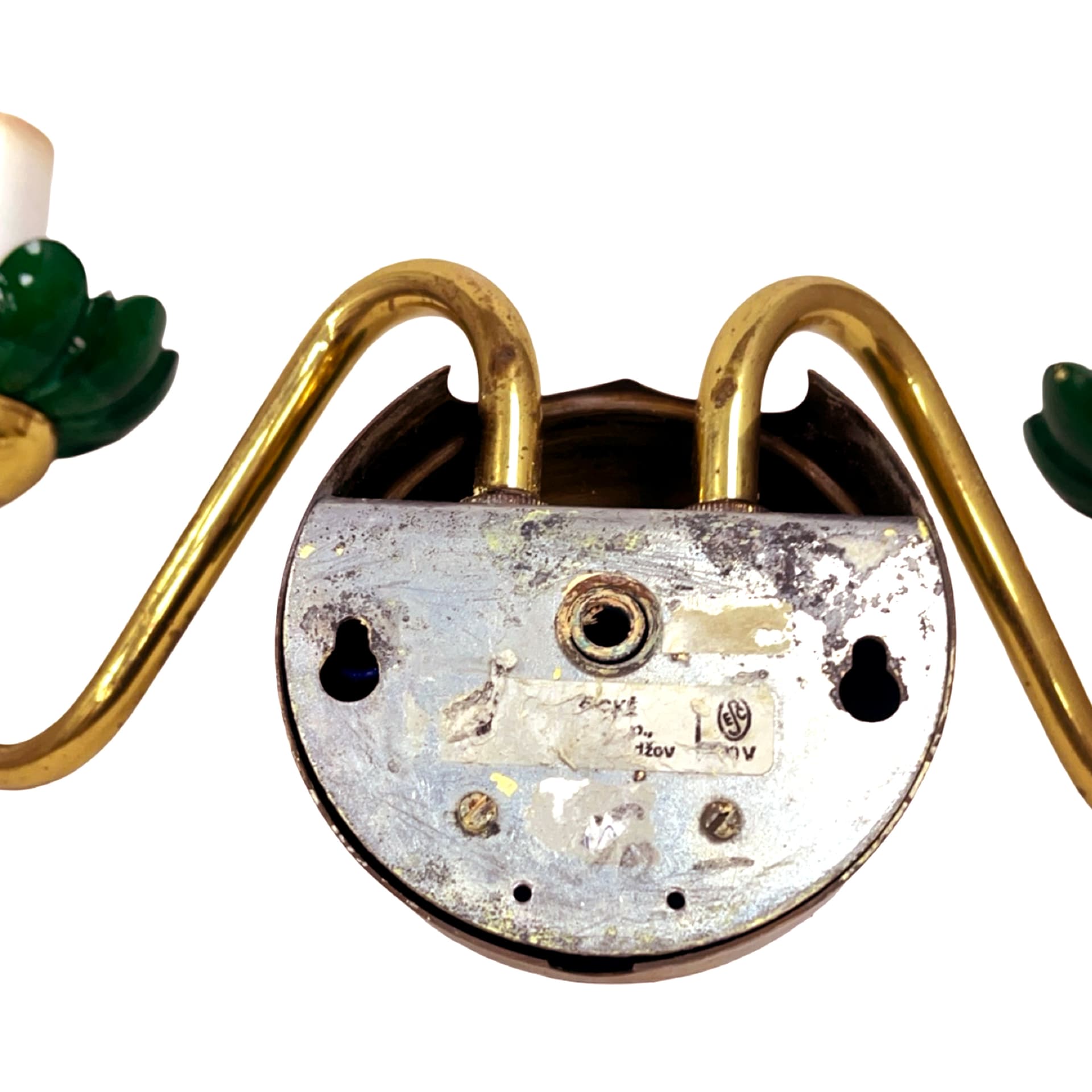 Kinkiet ścienny podwójny, PRECIOSA, mosiądz złoty, szkło białe, szkło zielone, Czechosłowacja, lata 80. - 190046