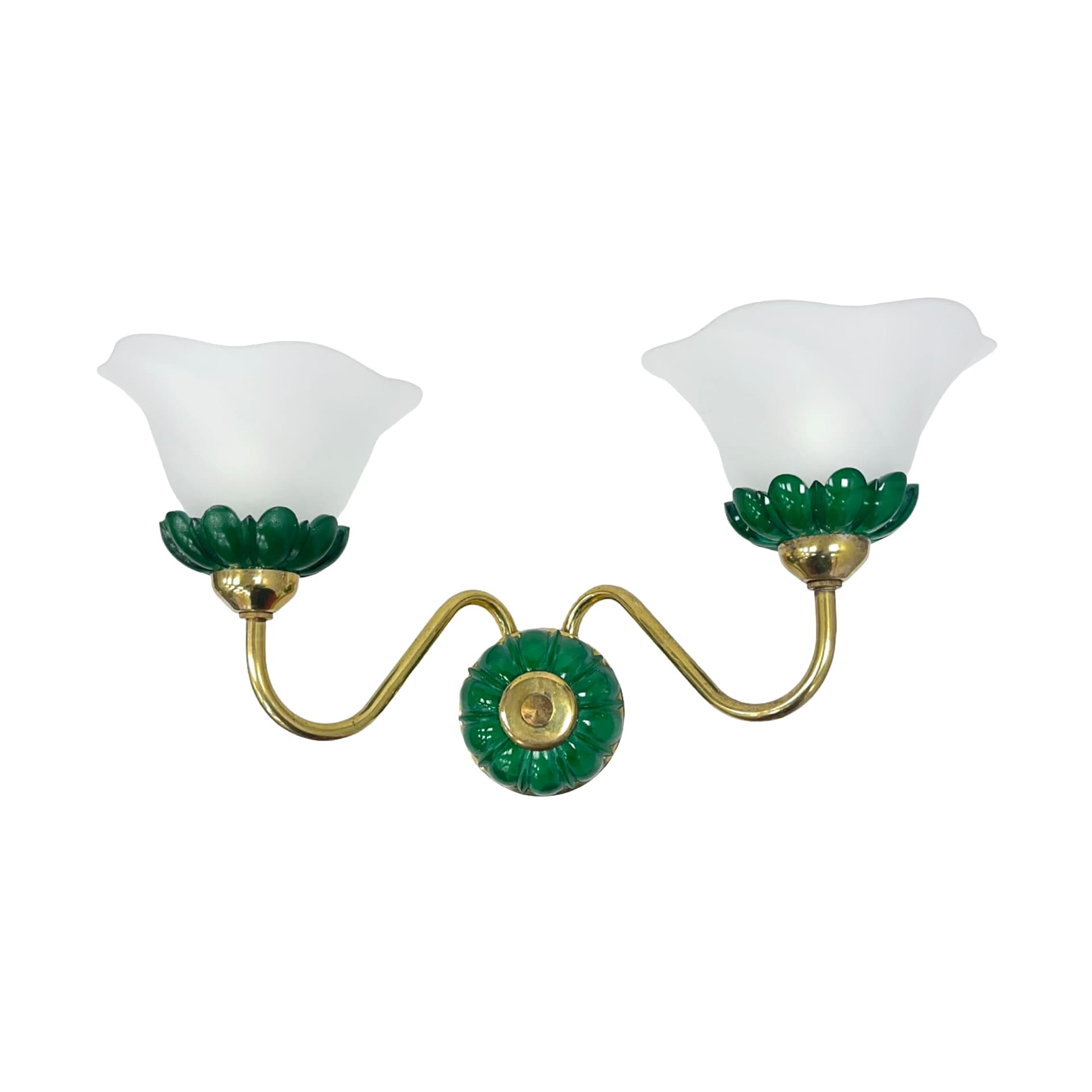 Kinkiet ścienny podwójny, PRECIOSA, mosiądz złoty, szkło białe, szkło zielone, Czechosłowacja, lata 80. - 190044