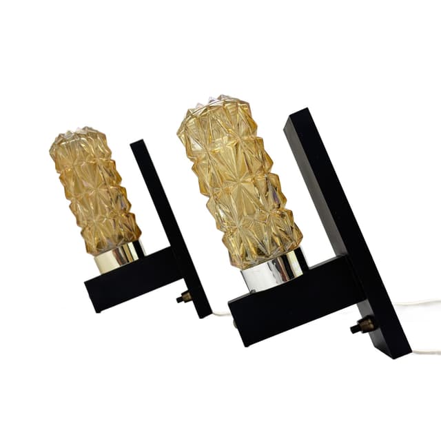 Para kinkietów, bursztynowe szkło, czerń, Dania, lata 70. - WYMIARY