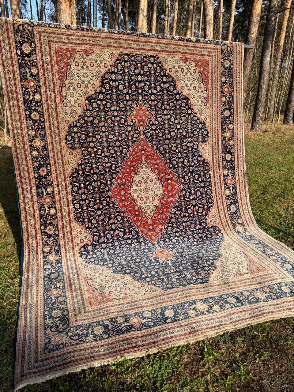 Persian Rug Isfahan 360x260 cm, wool silk, navy blue, Iran - 190444