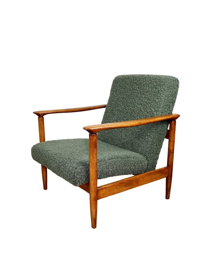 Armchair GFM-142, olive bouclé, wood, by E. Homa, Poland, 1970s. - DIMENSION