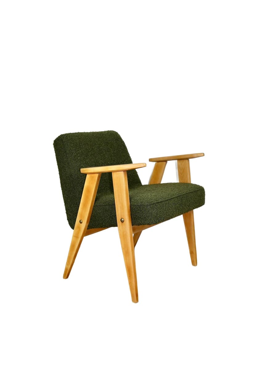 Fotel 366, bouclé zielony, buk jasny, proj. J. Chierowski, Polska, lata 70.
