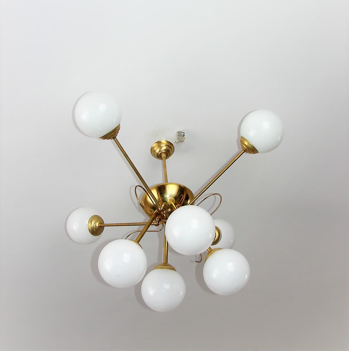 Chandelier Sputnik, space age, golden brass, white glass, 1960s - 190847