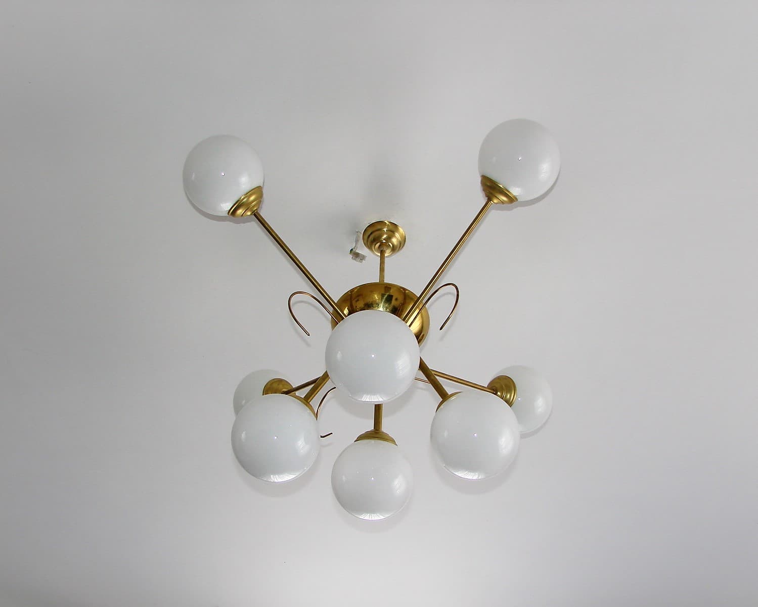 Chandelier Sputnik, space age, golden brass, white glass, 1960s - 190850