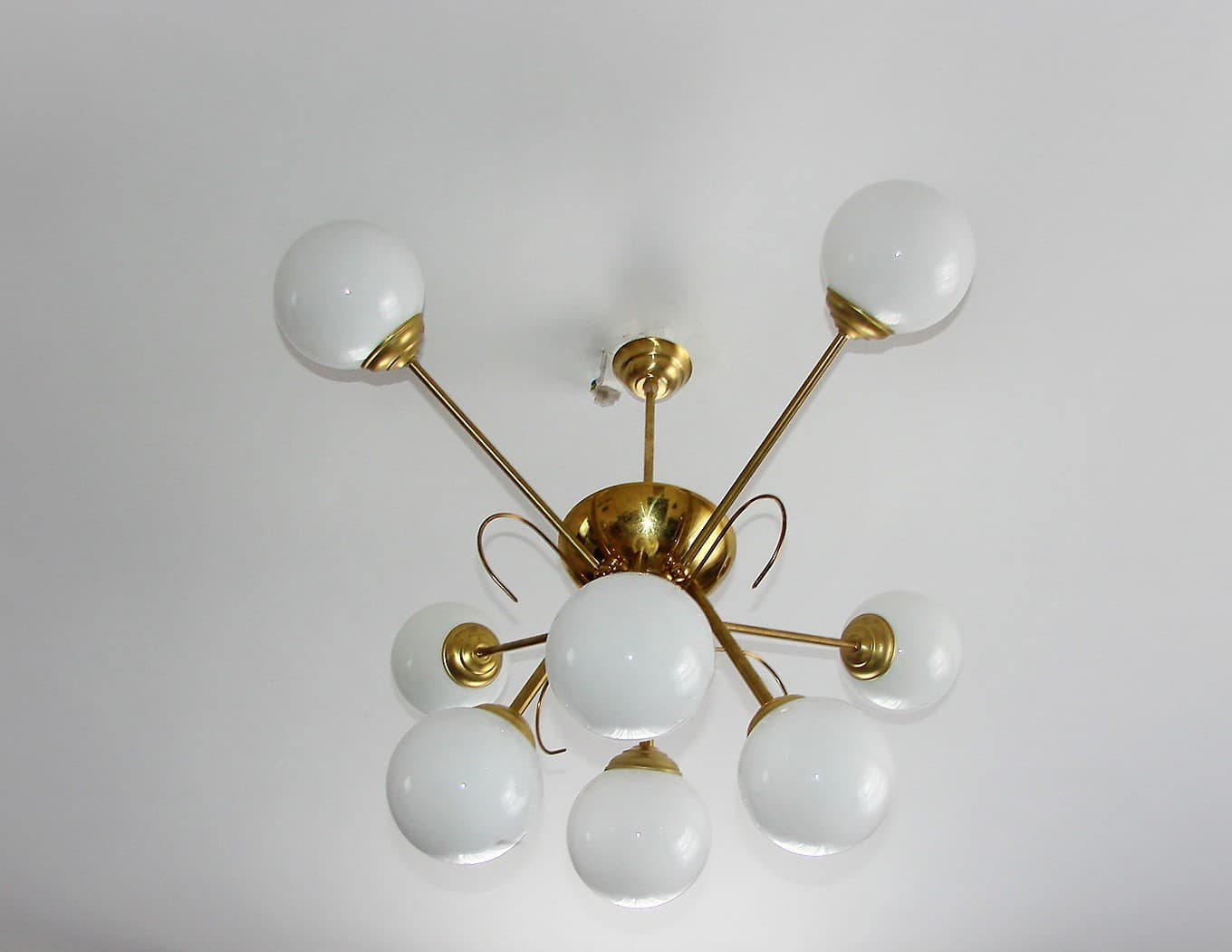 Chandelier Sputnik, space age, golden brass, white glass, 1960s - 190851