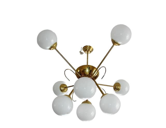 Chandelier Sputnik, space age, golden brass, white glass, 1960s - DIMENSION