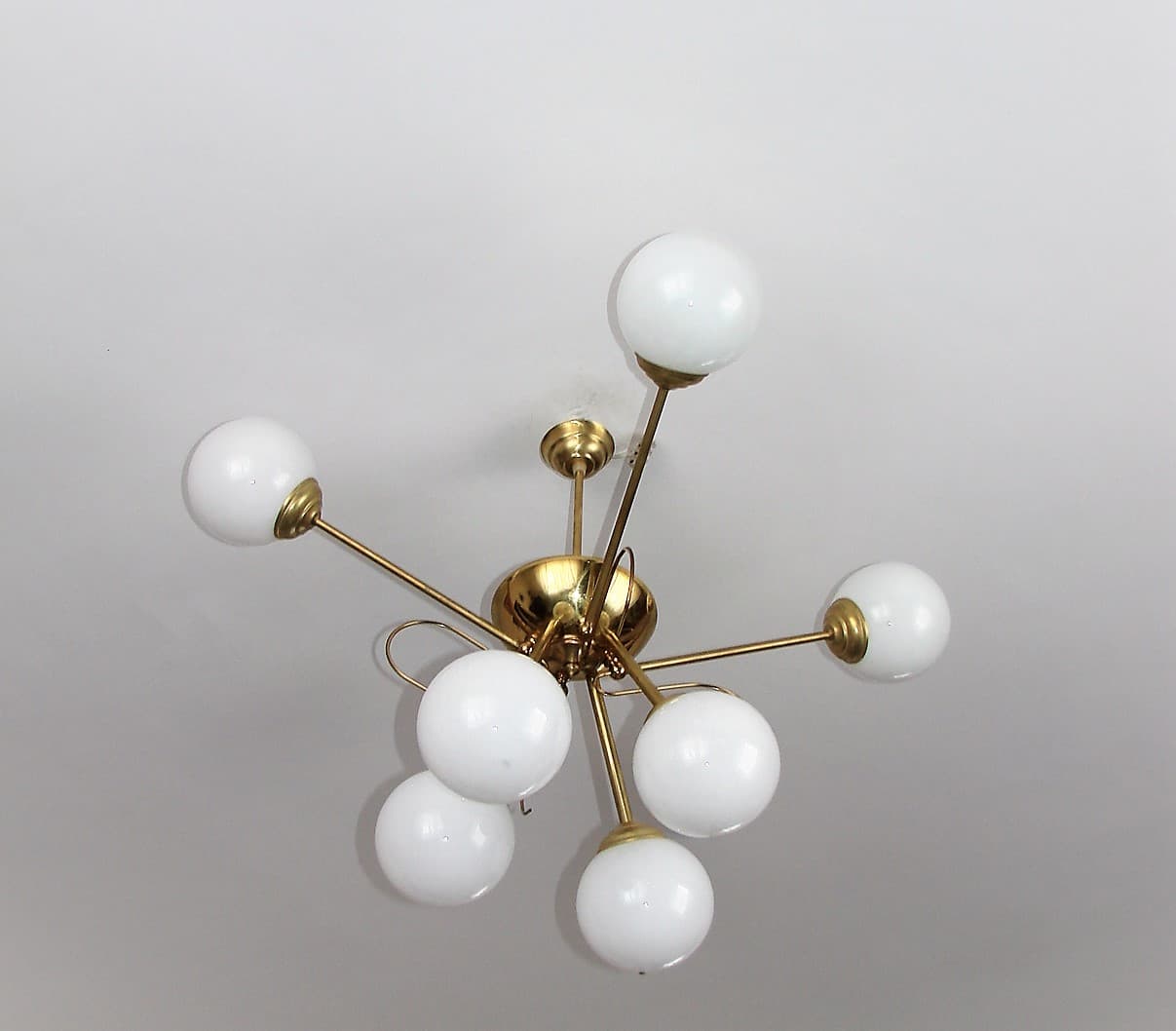 Chandelier Sputnik, space age, golden brass, white glass, 1960s - 190848