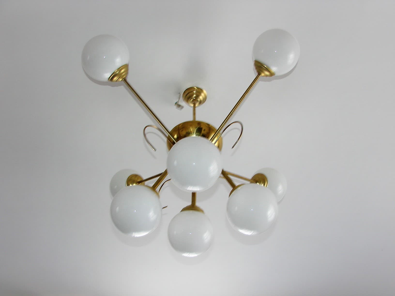 Chandelier Sputnik, space age, golden brass, white glass, 1960s - 190855