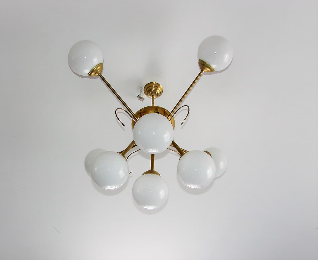 Chandelier Sputnik, space age, golden brass, white glass, 1960s - 190854