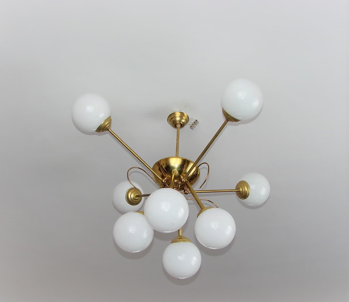 Chandelier Sputnik, space age, golden brass, white glass, 1960s - 190849