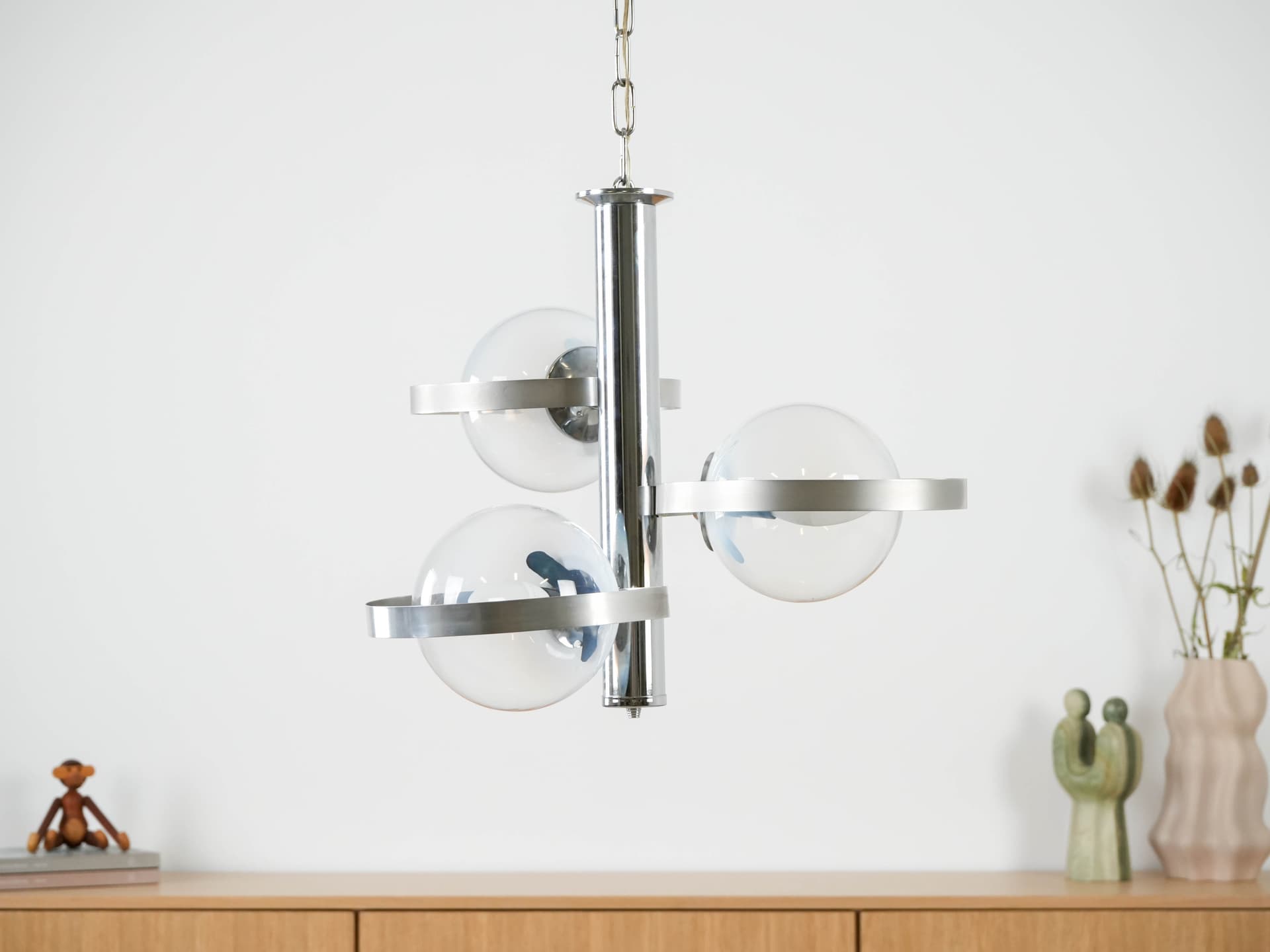 Pendant Lamp Space Age, clear glass, silver chrome steel, Italy, 1970s. - 191211