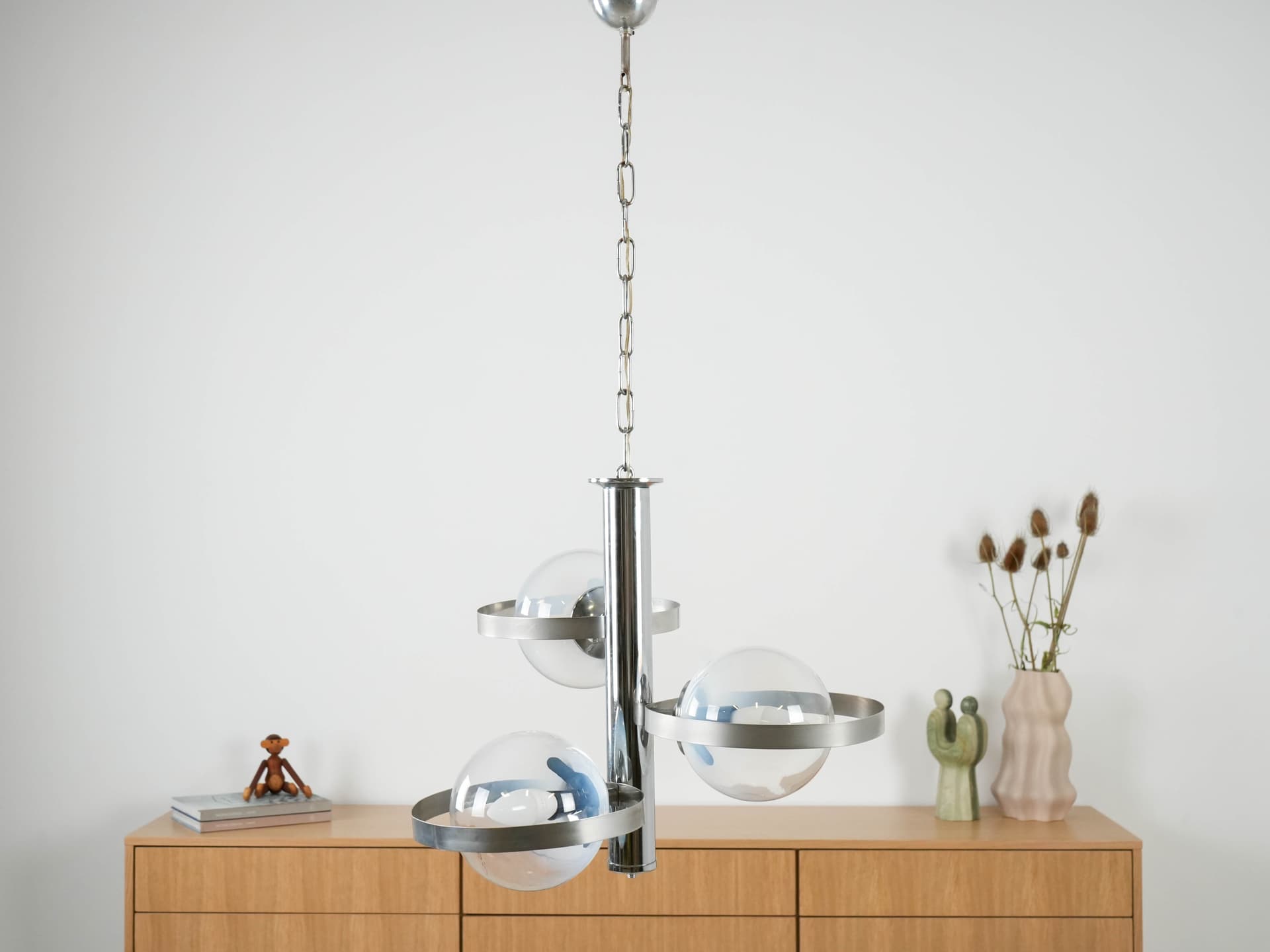 Pendant Lamp Space Age, clear glass, silver chrome steel, Italy, 1970s. - 191219