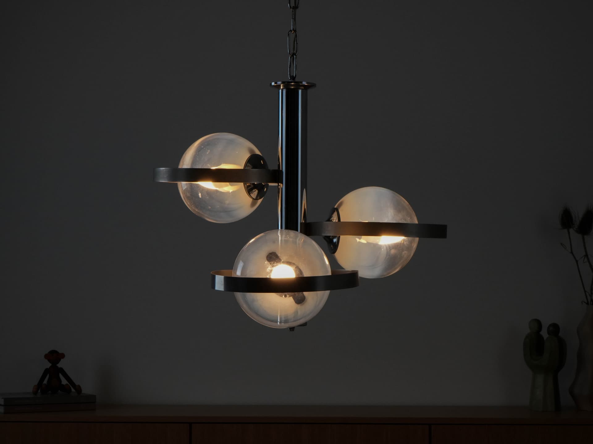 Pendant Lamp Space Age, clear glass, silver chrome steel, Italy, 1970s. - 191221