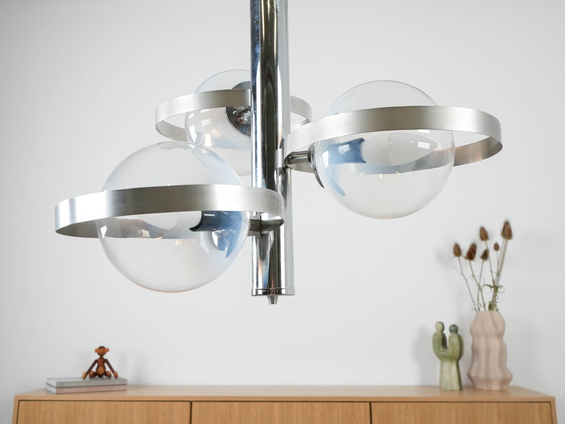 Pendant Lamp Space Age, clear glass, silver chrome steel, Italy, 1970s. - 191217