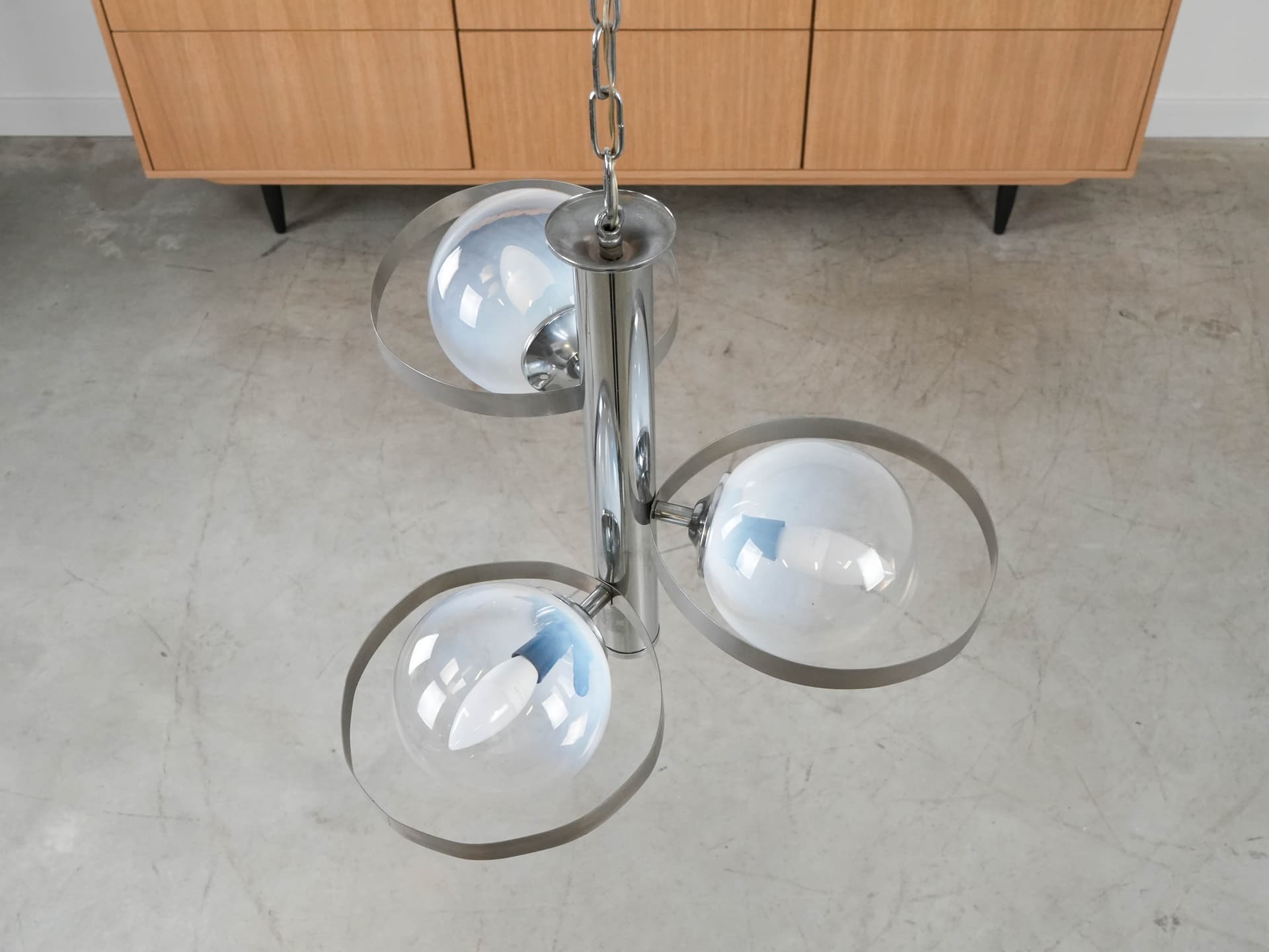Pendant Lamp Space Age, clear glass, silver chrome steel, Italy, 1970s. - 191218