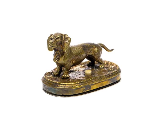 Przycisk gabinetowy z jamnikiem, brąz złoty, Wiedeń, Austria, XIX w. - WYMIARY