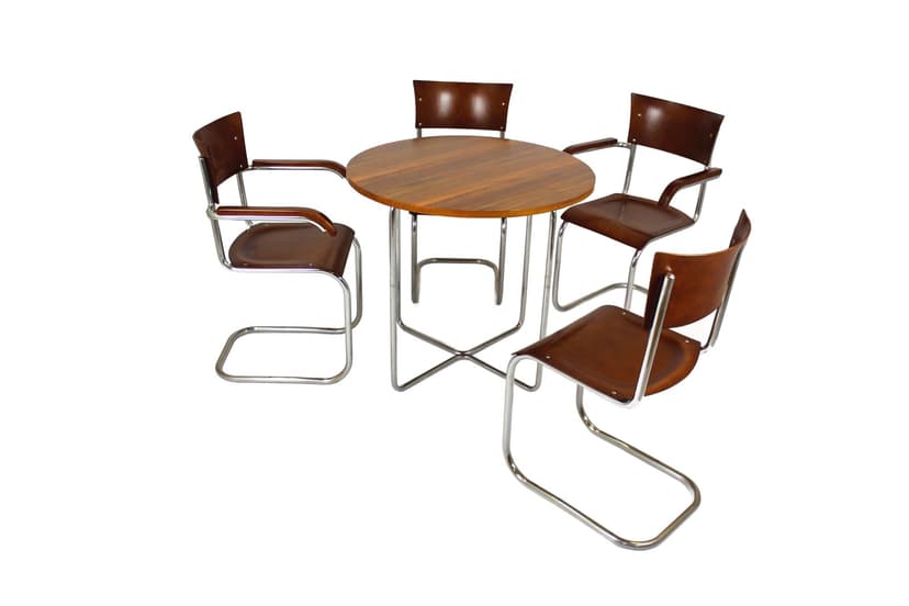 Dining set Bauhaus, walnut brown plywood, chrome steel, by M. Stam, Czech Republic, 1930s.