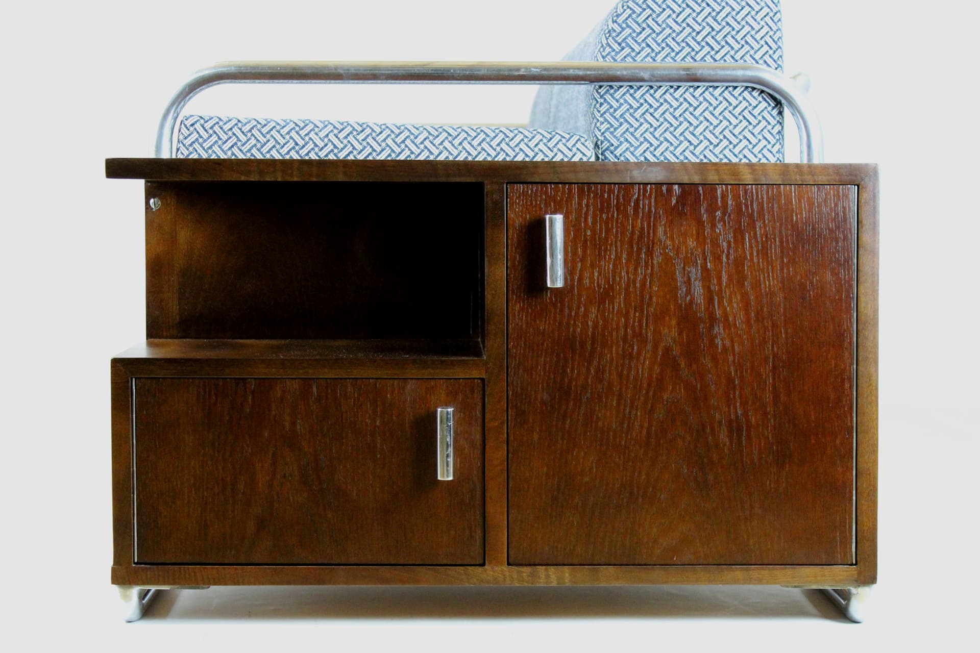 Sofa C10, szary, tkanina, stal chromowana, drewno, proj. R. Slezak, Czechy, lata 30. - 191571