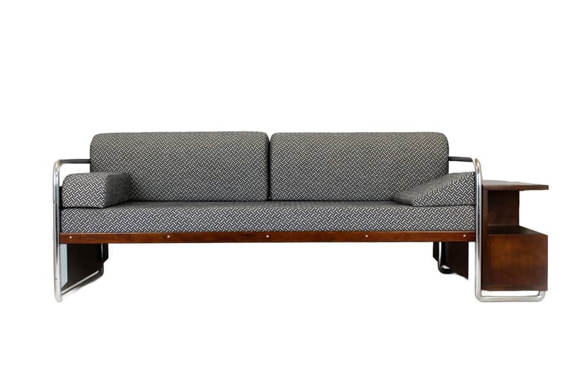 Sofa C10, szary, tkanina, stal chromowana, drewno, proj. R. Slezak, Czechy, lata 30.