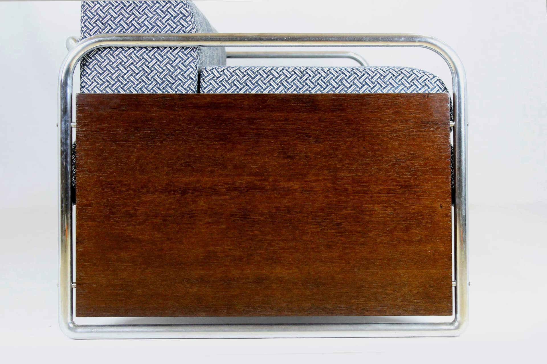 Sofa C10, szary, tkanina, stal chromowana, drewno, proj. R. Slezak, Czechy, lata 30. - 191574