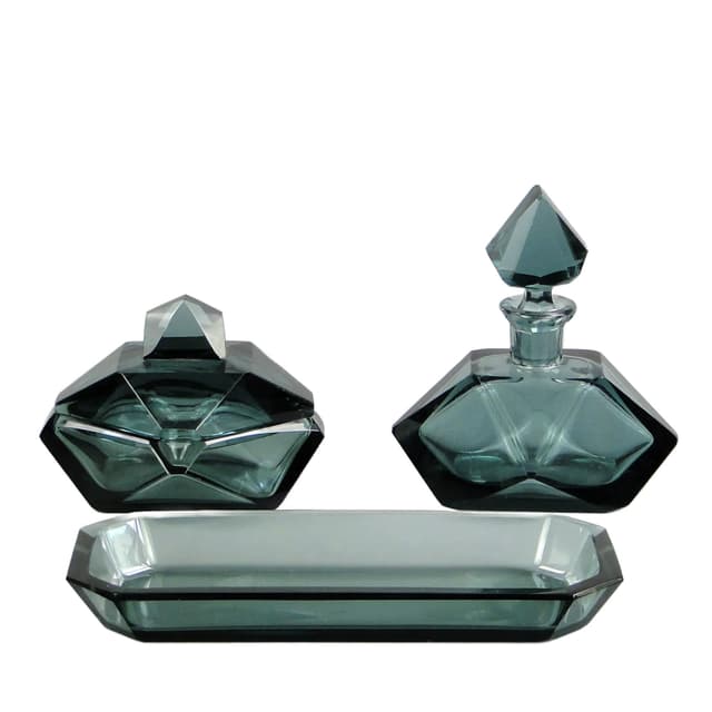 Vanity set Art Deco, grey crystal, Ludwik Moser & Sohne, Czechoslovakia, 1930s. - DIMENSION