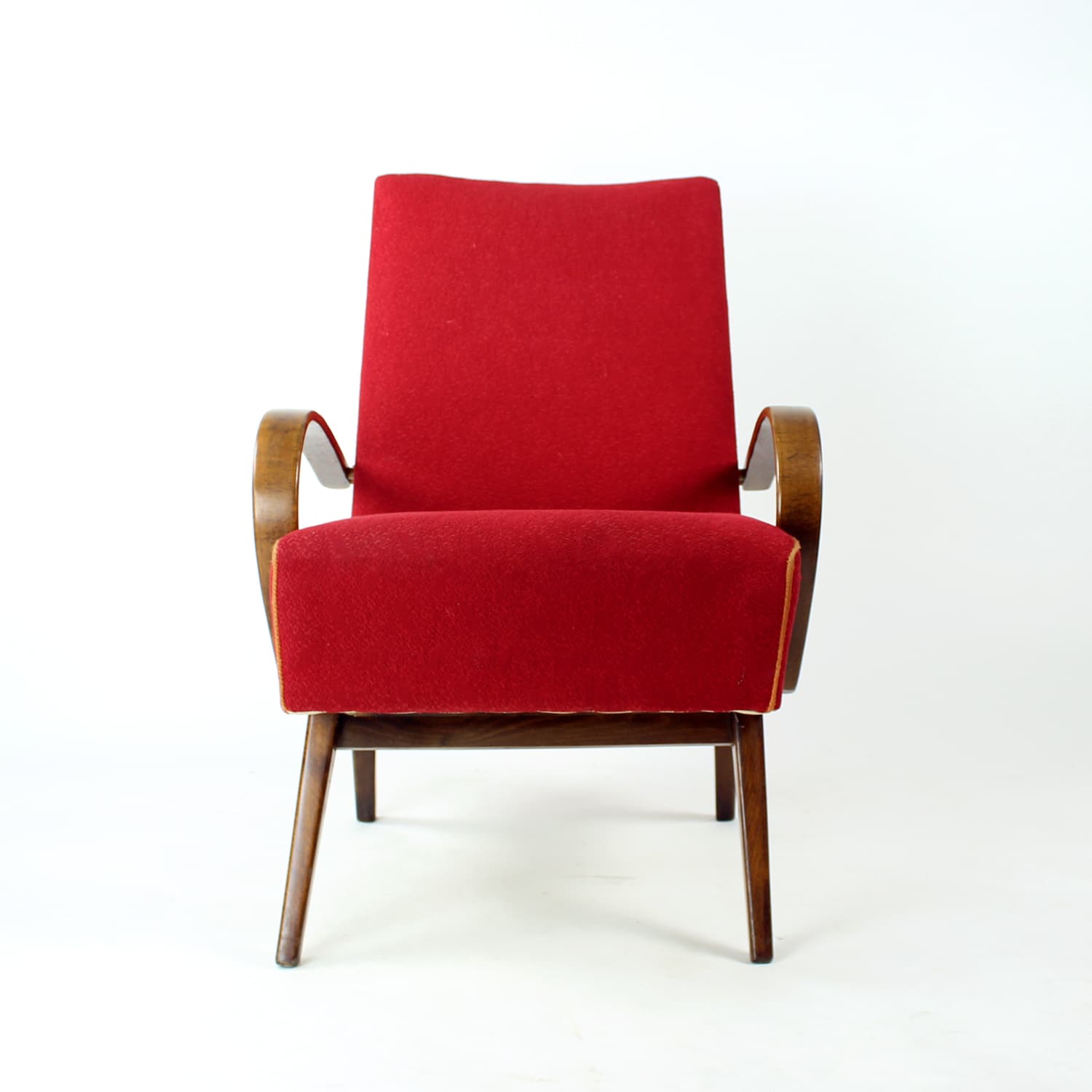 Armchair, red fabric, wood, by F. Jirak, TON, Czechoslovakia, 1960s. - 191783