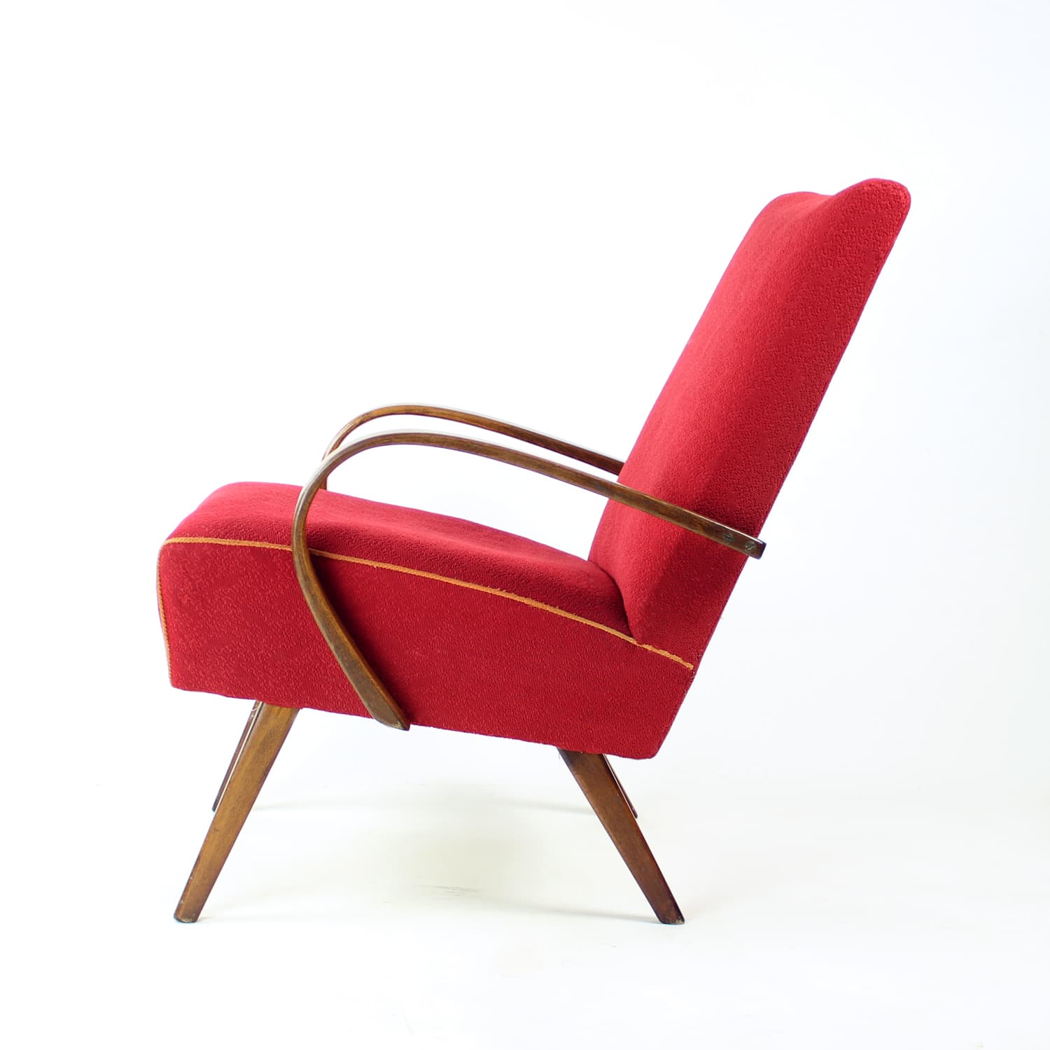 Armchair, red fabric, wood, by F. Jirak, TON, Czechoslovakia, 1960s. - 191780