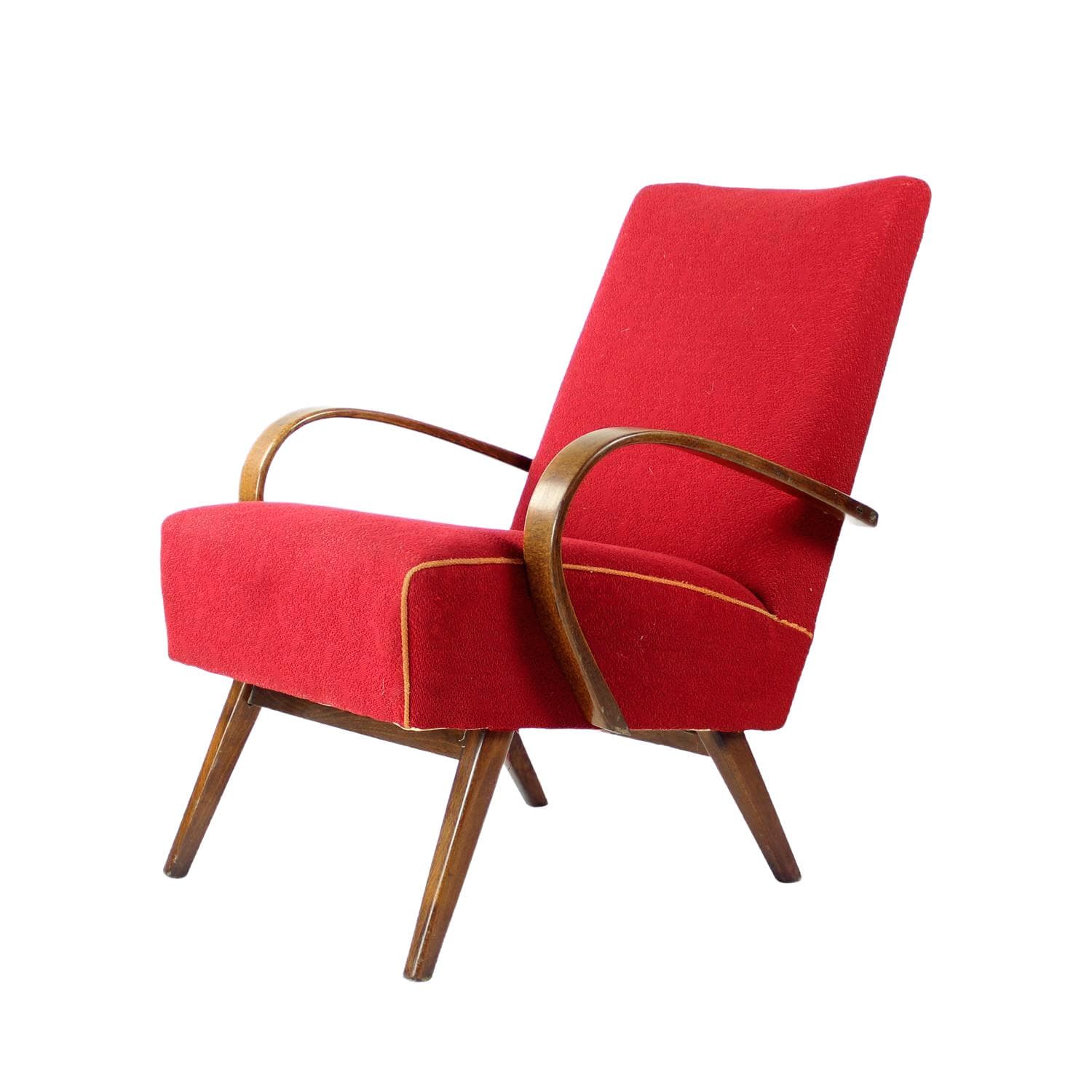 Armchair, red fabric, wood, by F. Jirak, TON, Czechoslovakia, 1960s.