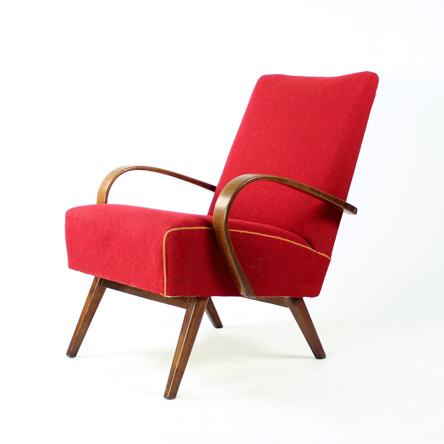 Armchair, red fabric, wood, by F. Jirak, TON, Czechoslovakia, 1960s. - 191779