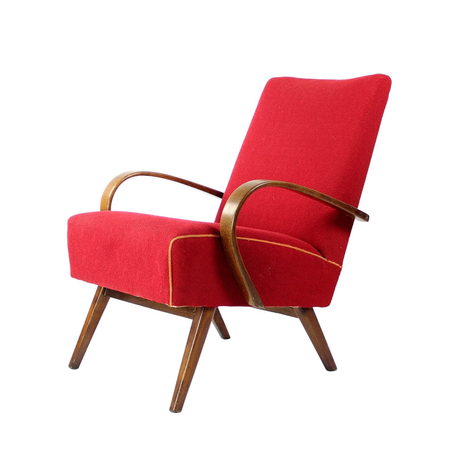 Armchair, red fabric, wood, by F. Jirak, TON, Czechoslovakia, 1960s. - 192823
