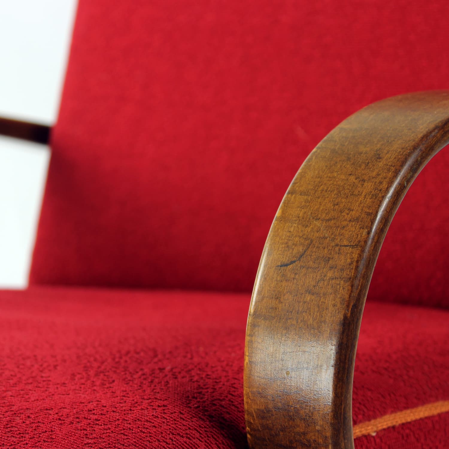 Armchair, red fabric, wood, by F. Jirak, TON, Czechoslovakia, 1960s. - 191784