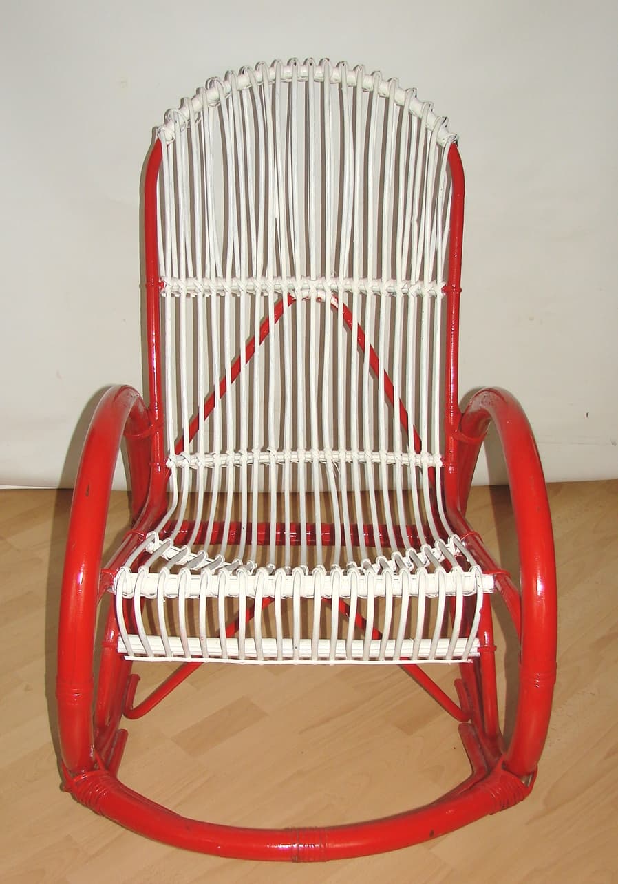 Rocking chair, red, white rattan, Rohé Noordwolde, Netherlands, 1970s. - 192183