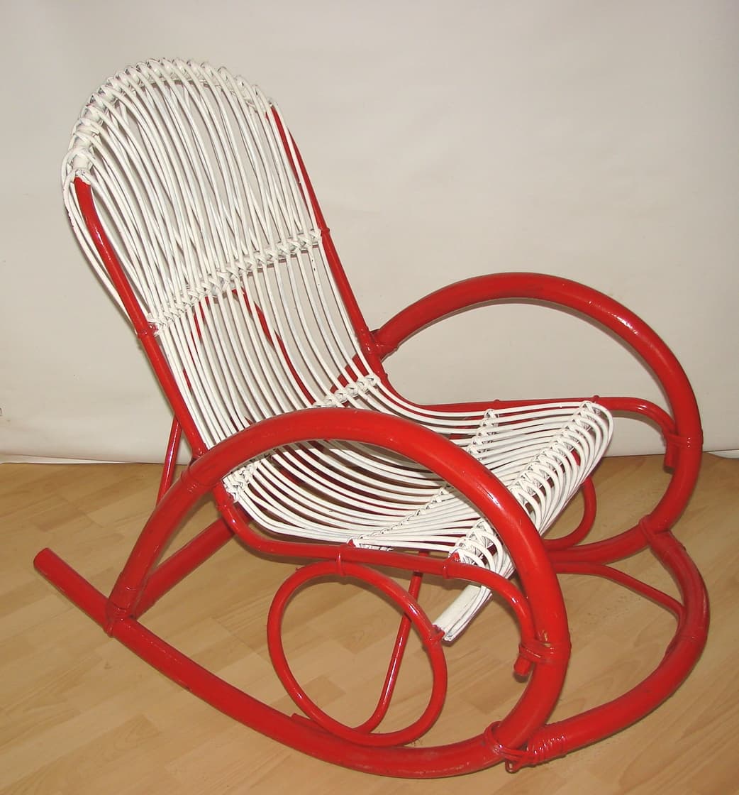 Rocking chair, red, white rattan, Rohé Noordwolde, Netherlands, 1970s. - 192178