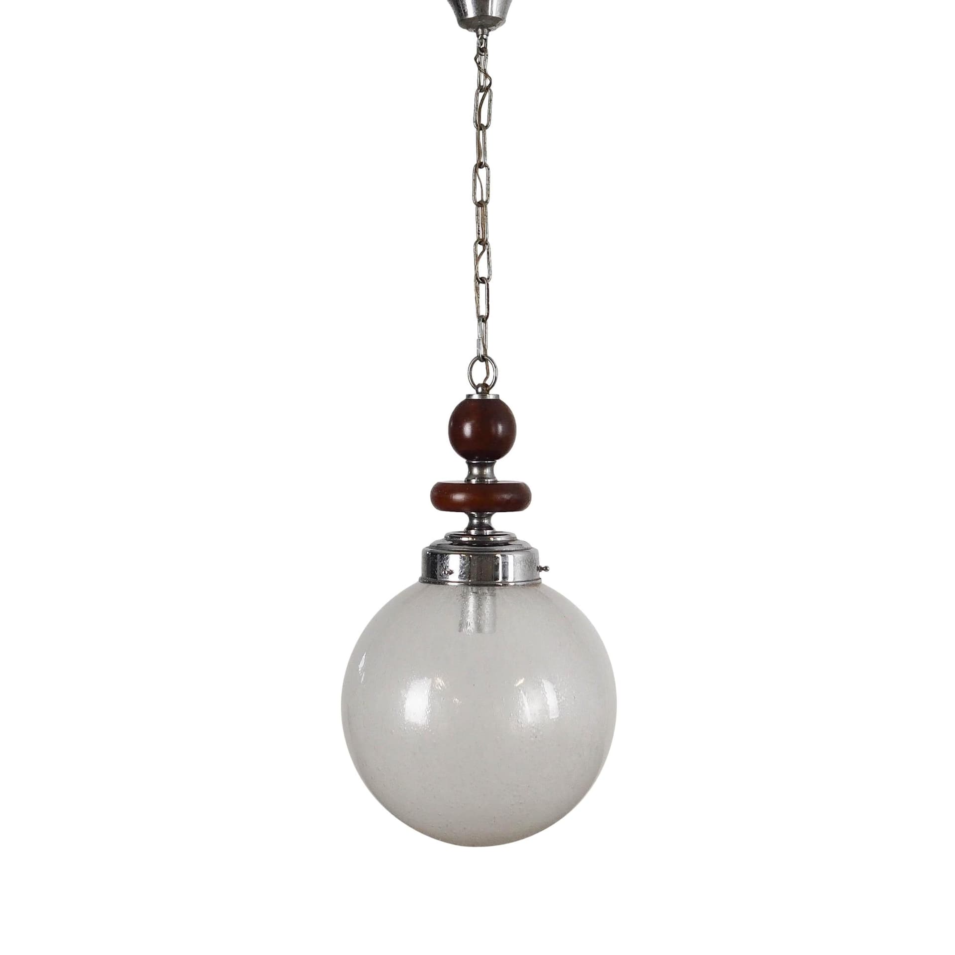 Pendant lamp, Murano, white glass, dark brown wood, chromed metal, Italy, 1970s.