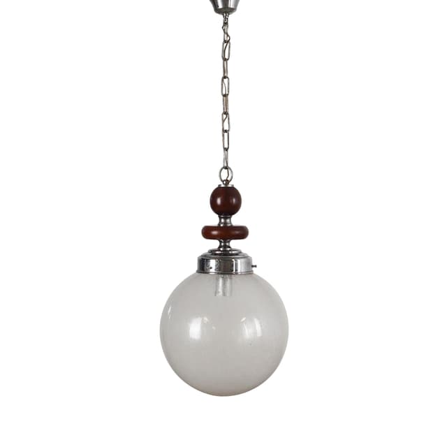 Pendant lamp, Murano, white glass, dark brown wood, chromed metal, Italy, 1970s. - DIMENSION