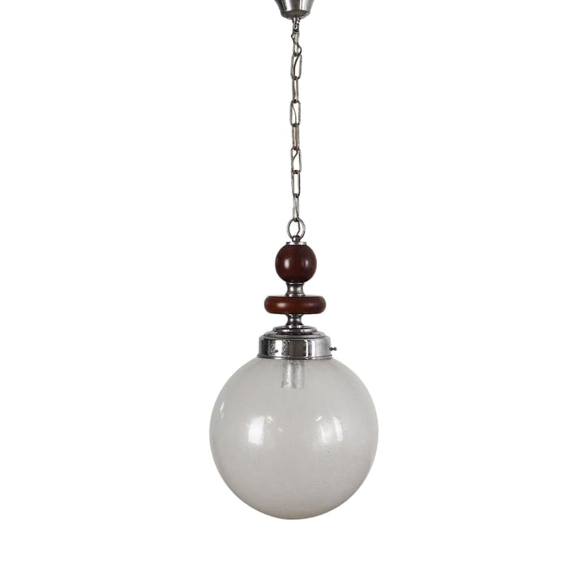 Pendant lamp, Murano, white glass, dark brown wood, chromed metal, Italy, 1970s.