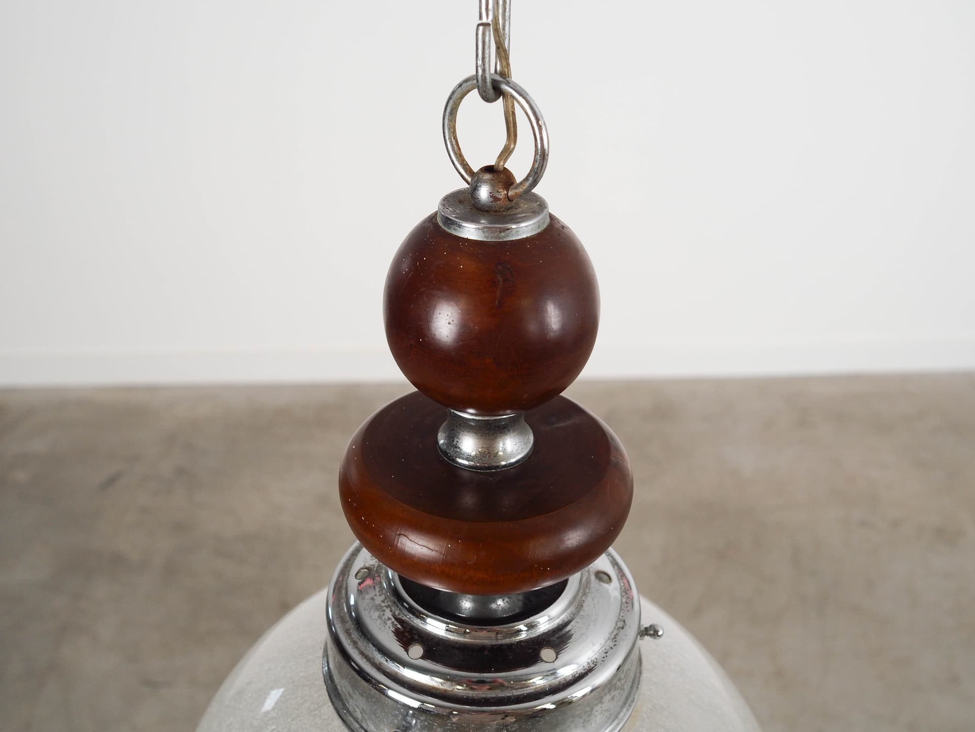 Pendant lamp, Murano, white glass, dark brown wood, chromed metal, Italy, 1970s. - 192478