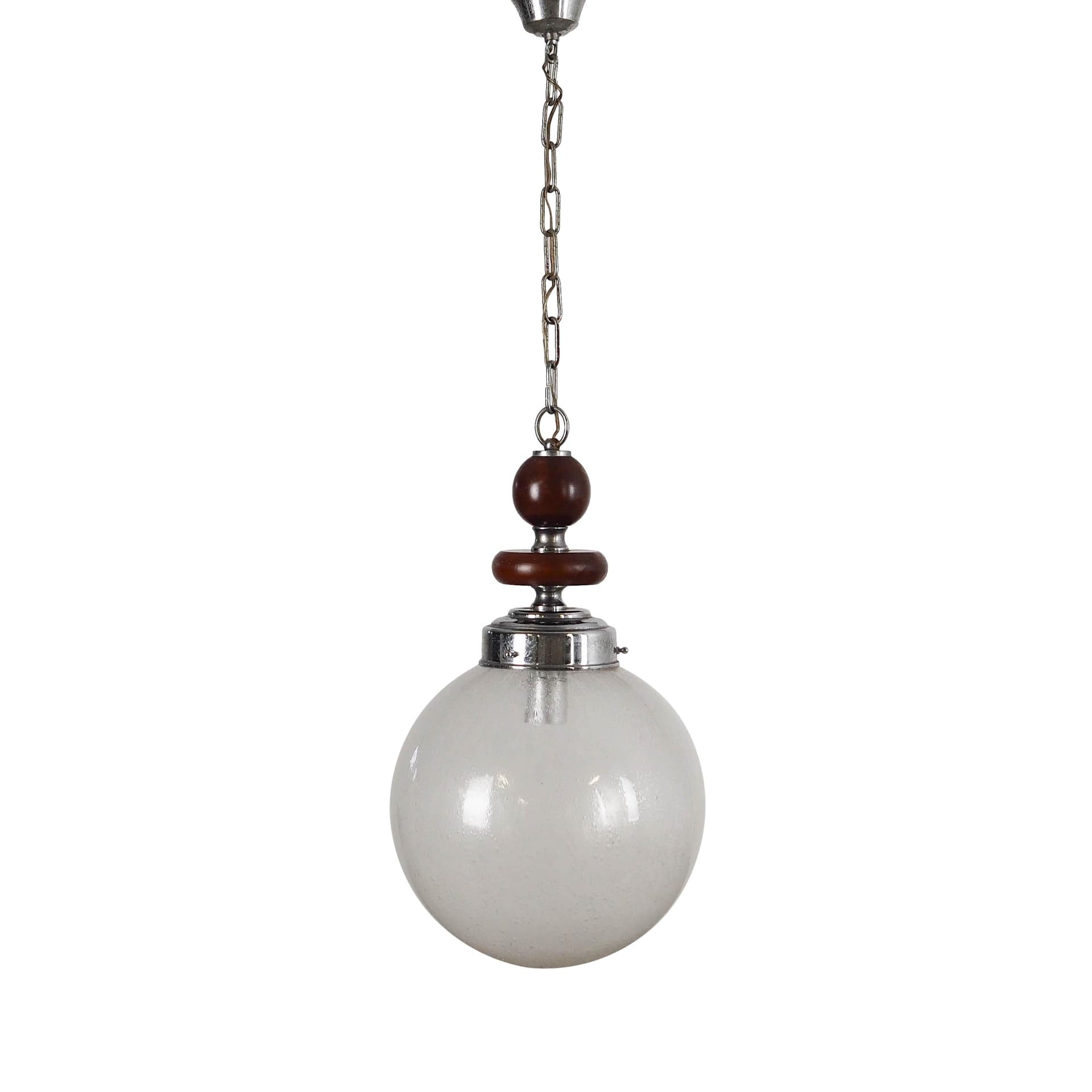 Pendant lamp, Murano, white glass, dark brown wood, chromed metal, Italy, 1970s. - 192475