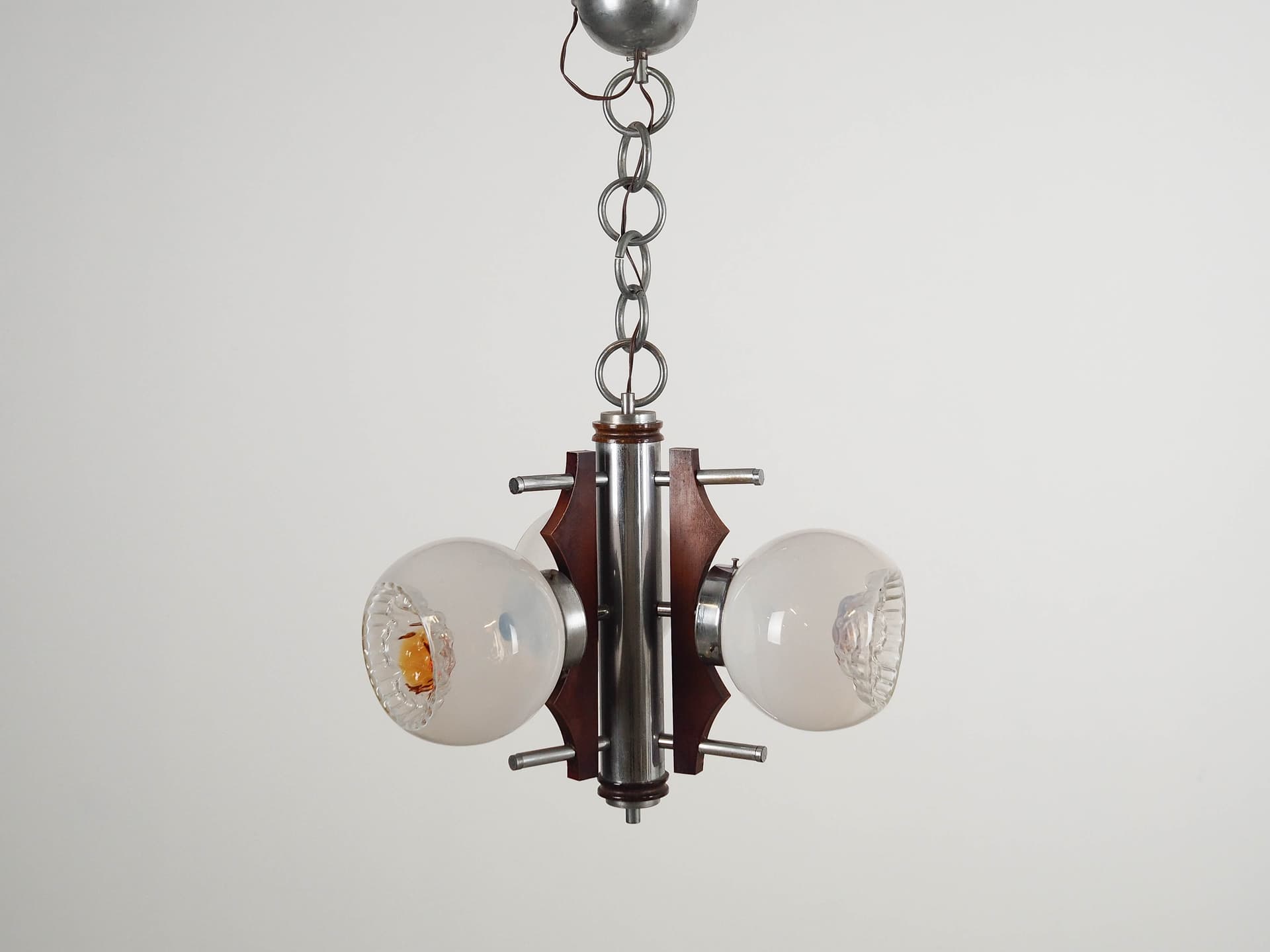 Pendant lamp, Murano glass, silver metal, brown wood, Italy, 1970s. - 192507