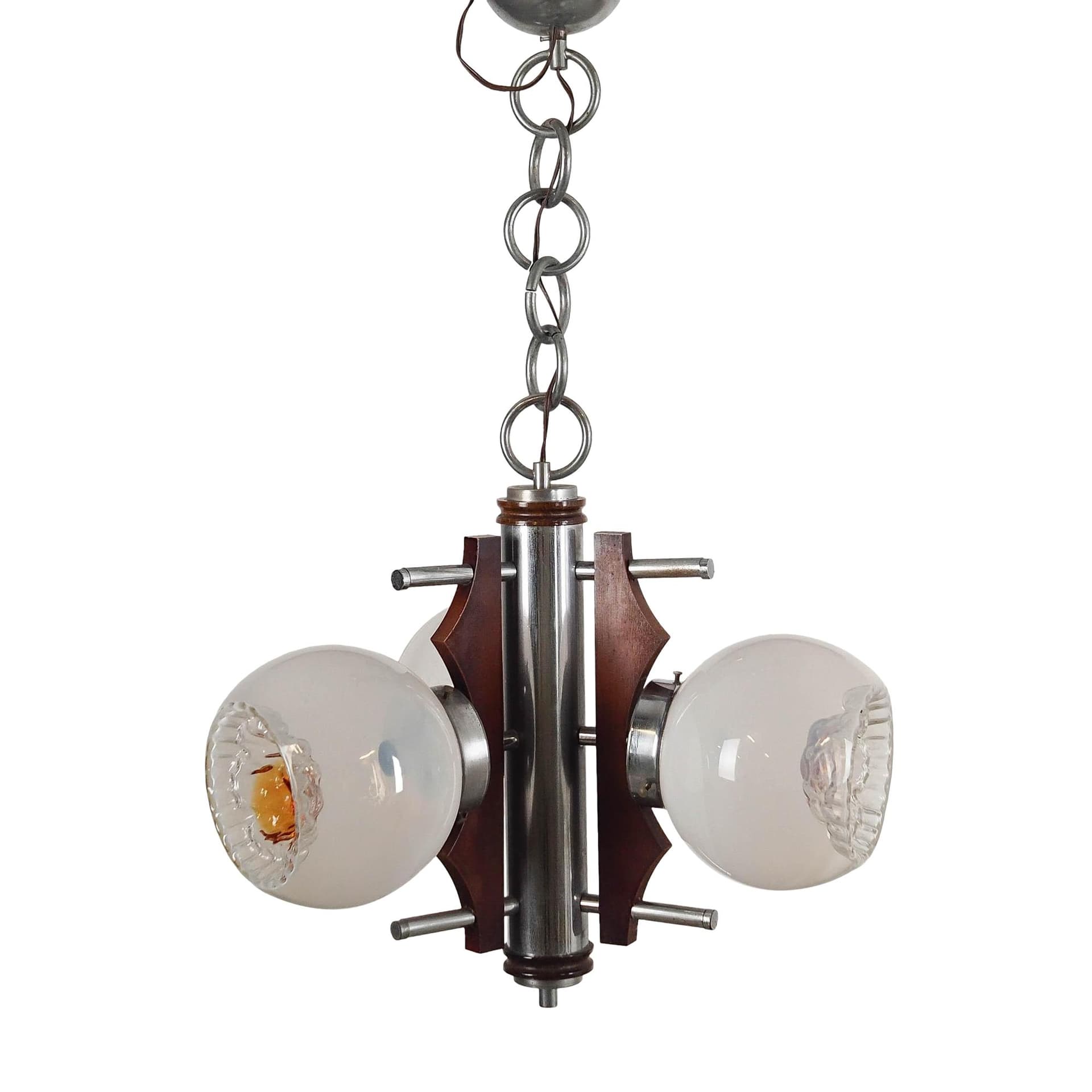 Pendant lamp, Murano glass, silver metal, brown wood, Italy, 1970s.
